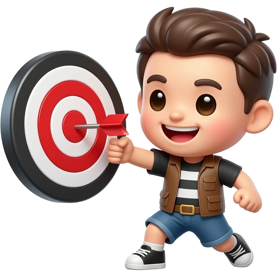 The Mark: 3D emoji style, glossy surface, soft shadows, white background, centered, no text, cute character hitting a bullseye target, victorious expression, bold red and black, no defined gender emoji