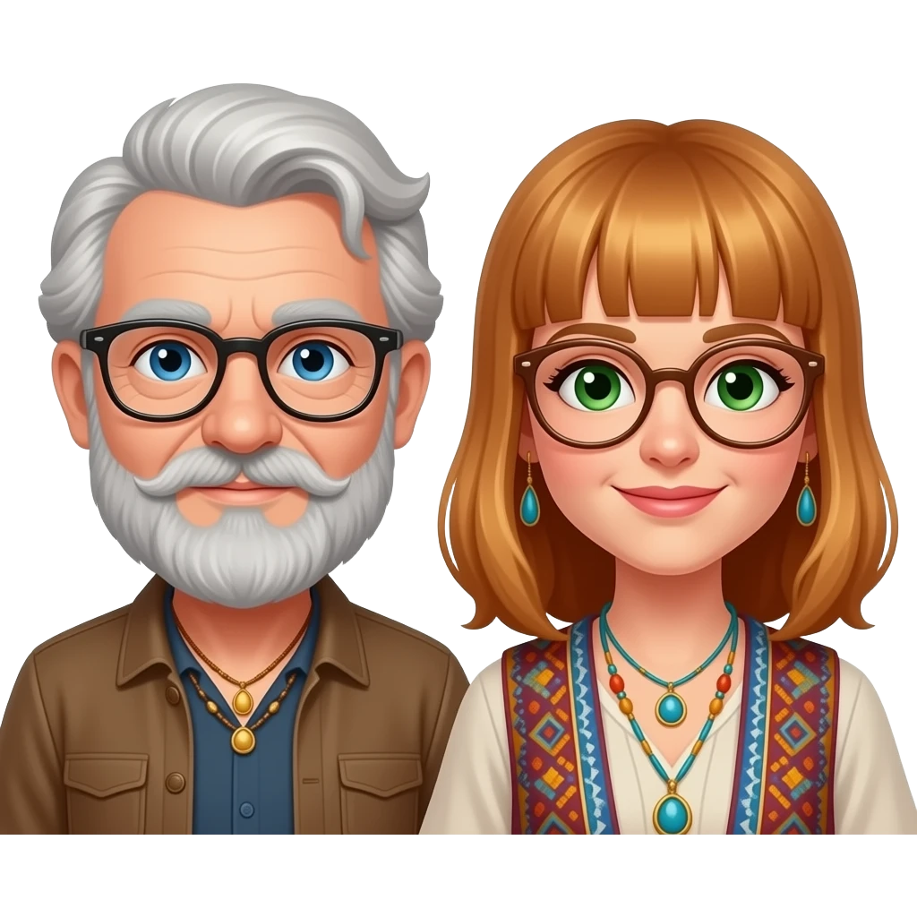 Emoji of a senior man  with blue eyes a beard mustash wearing glasses with a molder  lady dressed hippie bohemian with reddish blonde hair glasses with bangs  glasses  green eyes  dressed hippie  bohemian style emoji