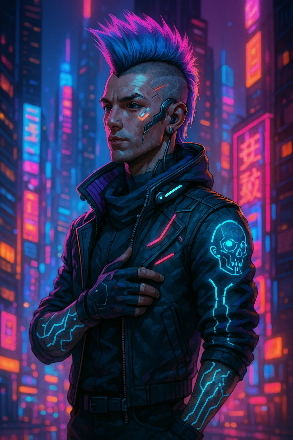 cyberpunk 2077 inspired character, neon lights, futuristic city, vibrant colors, mohawk hairstyle, tech accessories emoji