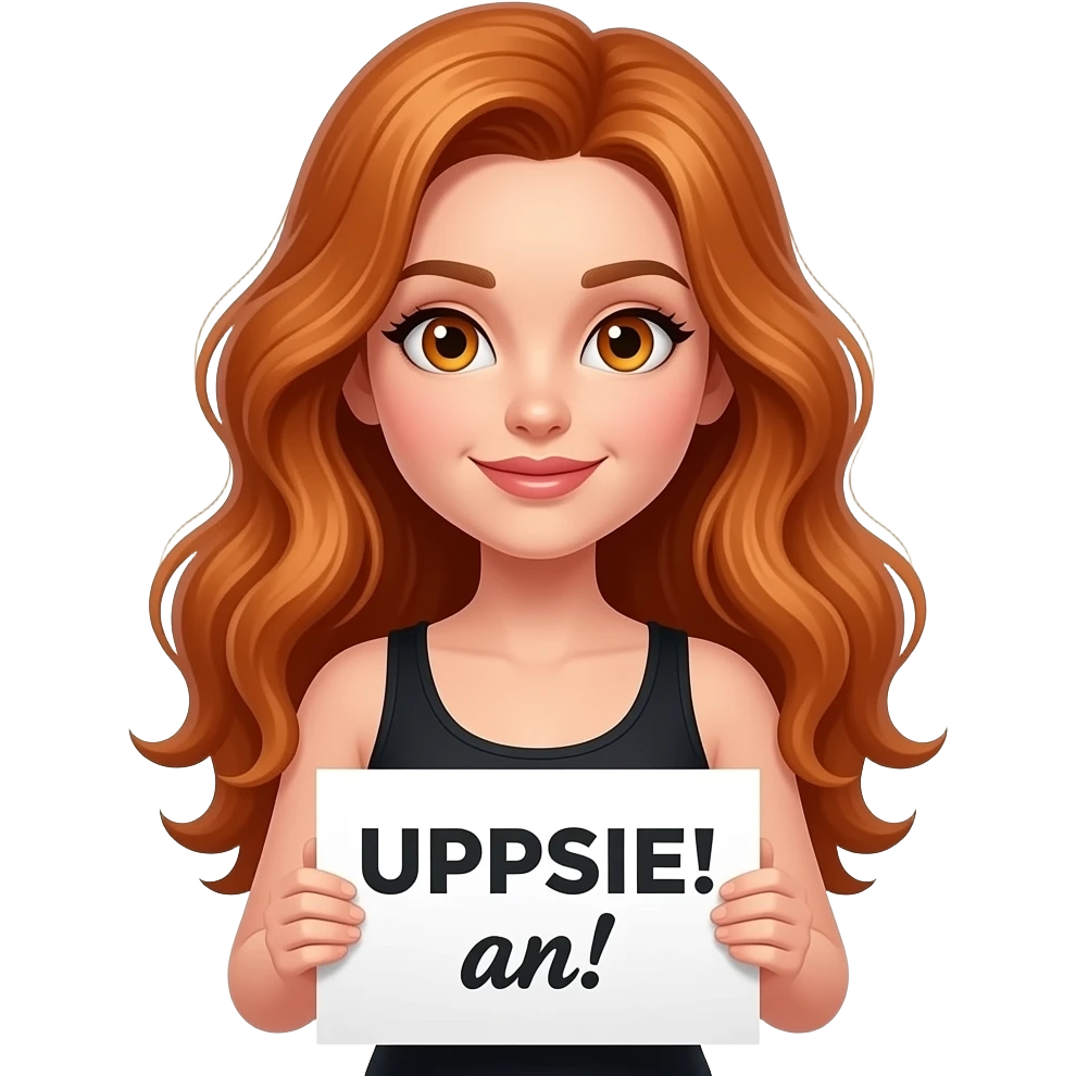 sexy girl with long wavy ginger hair and ginger eyes wearing a black tanktop is holding a white sign with UPPSIE! an! written on it emoji