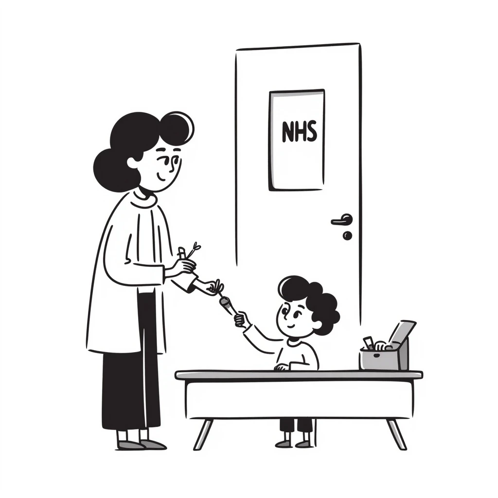 A 1960s doctor giving a measles vaccination to a happy child in a doctors surgery.  On the door is a sign that reads NHS emoji