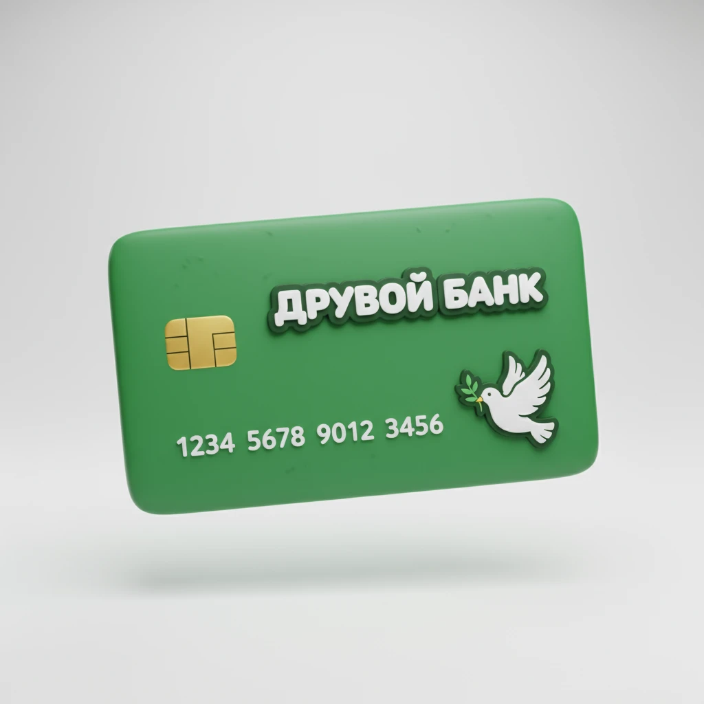 Используя слегка мультяшную, но при этом объемную стилистику cгенерируй кредитную карту на которой написано ДРУГОЙ БАНК, цвет карты зеленый emoji