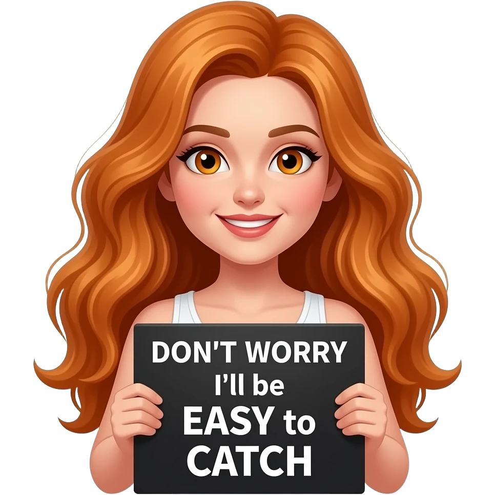 sexy girl with long wavy ginger hair and ginger eyes wearing a white tanktop is holding a black colored sign with DON'T WORRY I'll be EASY to CATCH written on it emoji