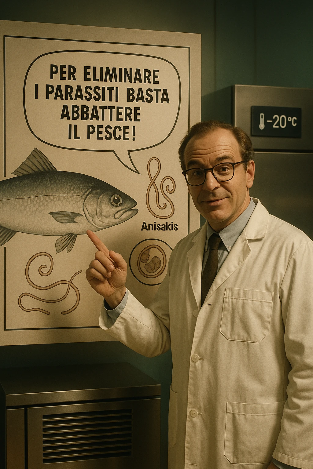 cinematic a scientist in a white lab coat stands beside a large poster showing a fish and a diagram of the Anisakis parasite. The scientist points to a speech bubble that says, “Per eliminare i parassiti basta abbattere il pesce!” In the background, a blast freezer is visible, with a temperature gauge set to -20°C. The mood is informative and reassuring. In italiano emoji