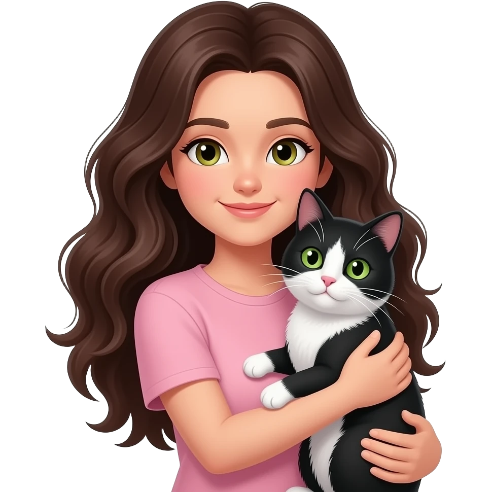 Crie um emoji de IOS. Eu tenho cabelos ondulados longos castanhos escuros, estou usando uma camiseta rosa claro e estou abraçando meu gato preto e branco de olhos verdes emoji