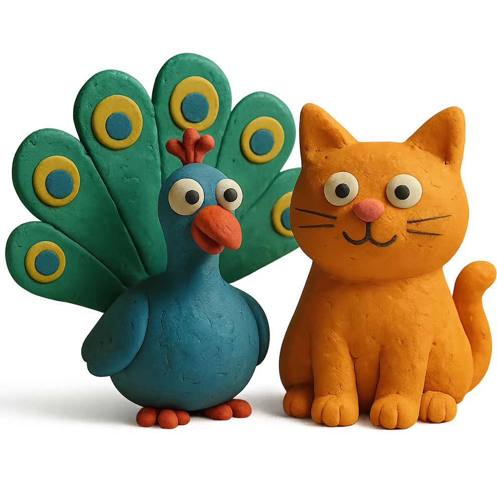 silly peacock with a cat in claymation style emoji