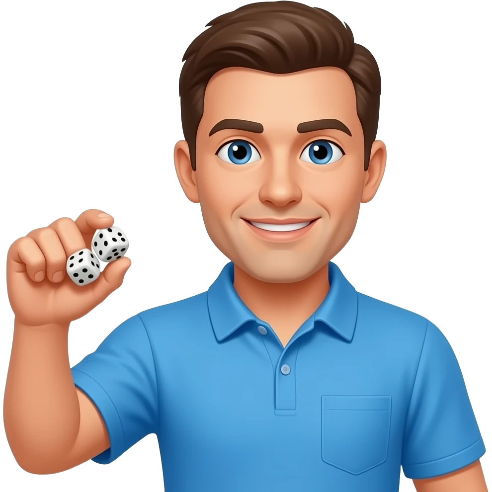 coach in a blue shirt shaking dice in hand emoji