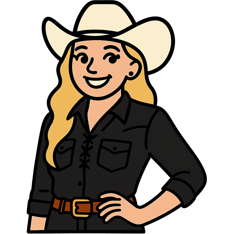 Make the cowgirl's skin lighter, hair lighter blonde, give her rounder cheeks, a big smile, longer eyelashes, and a black lace shirt. Keep the background transparent. emoji