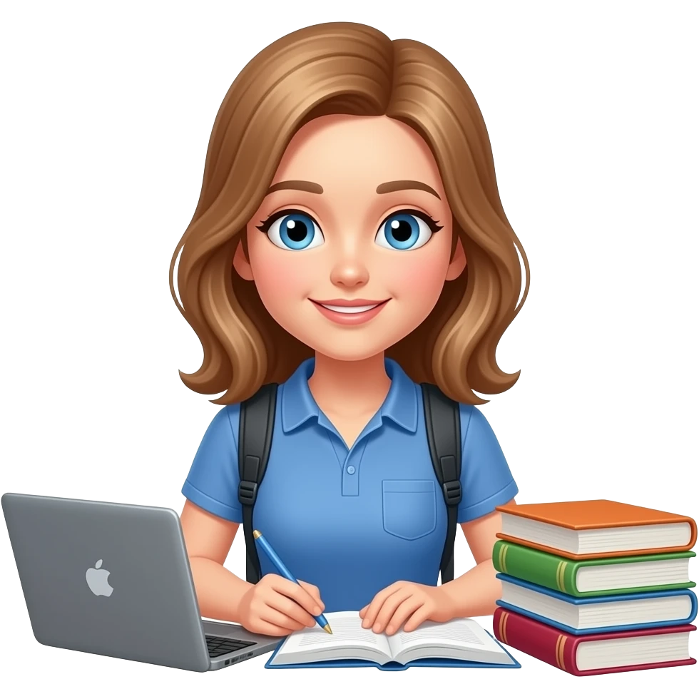 Female student, light Brown hair, Blue eyes, studying with Books and laptop organized emoji