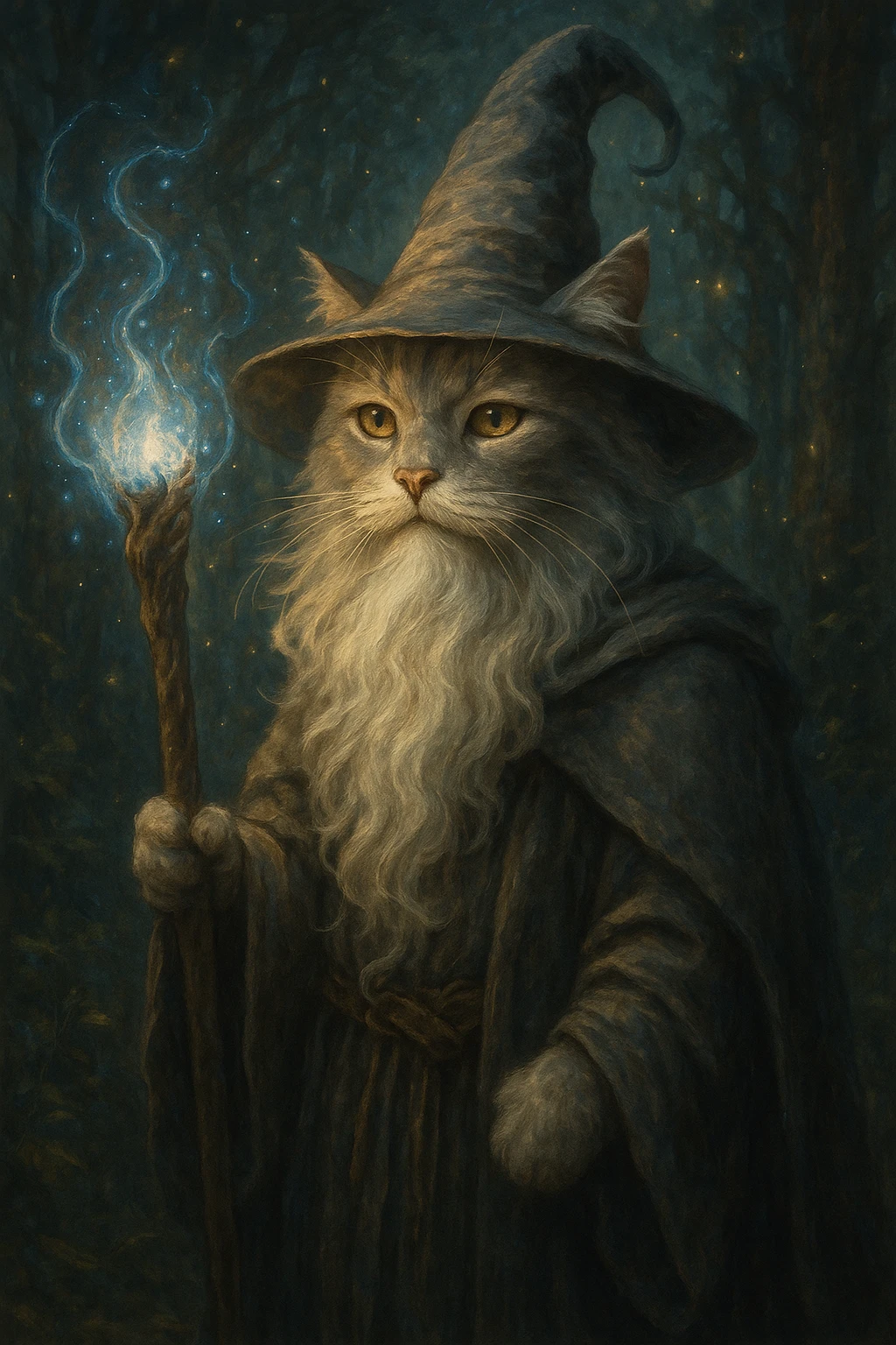 cat in the style of Gandalf, wearing a wizard hat and holding a staff, magical fantasy style emoji