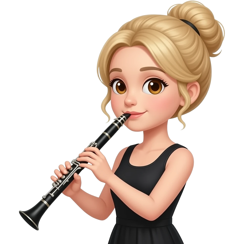 Fille blonde  avec yeux marrons et cheveux plaqués en chignon joue clarinette emoji