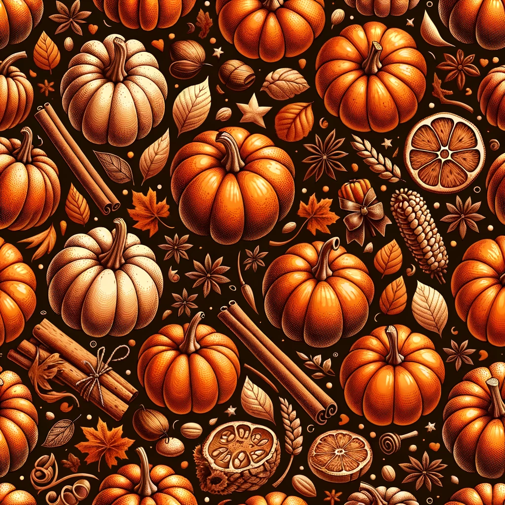 seamless pattern of pumpkins and pumpkin spice, warm orange and cinnamon tones, cozy autumn vibes, soft texture, vector style, high resolution emoji