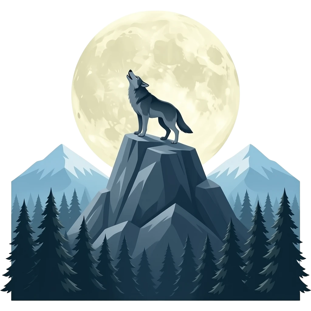 Dağların üstündeki ormanda yüksek kayanın üstünde dolunaya karşı uluyan kurt emoji