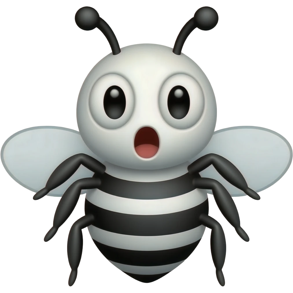 minimalist flat icon, shocked bee emoji, black and white cartoon bee, thick bold outlines, white body with black stripes, huge round eyes wide open, open mouth surprised, transparent background, flat style, simple shapes emoji