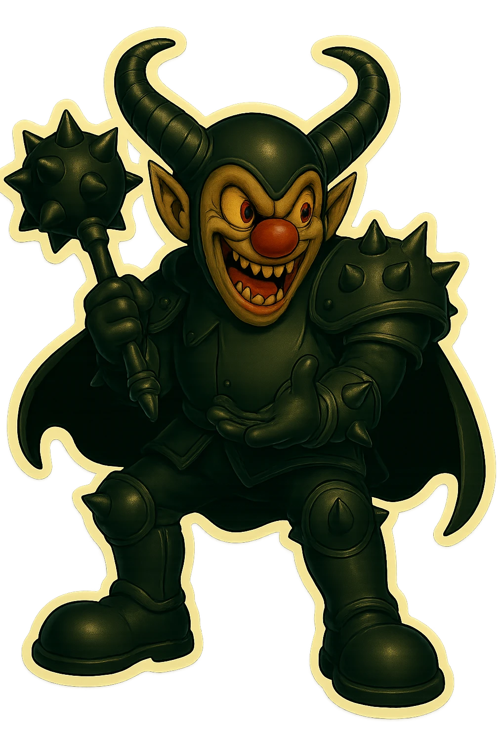 A menacing armored clown with ram horns, glossy black on matte black armor, short cape, large but not comically oversized black clown shoes, oversized spiked mace held loosely at his side, body language and posture casual and relaxed, not ready to attack. Spikes on knee, elbow, and shoulder armor. Glowing gold-red eyes, mouth open as if talking, gesturing with one hand, vibrant retro stickers style, no yellow aged tint, full body, transparent background. emoji
