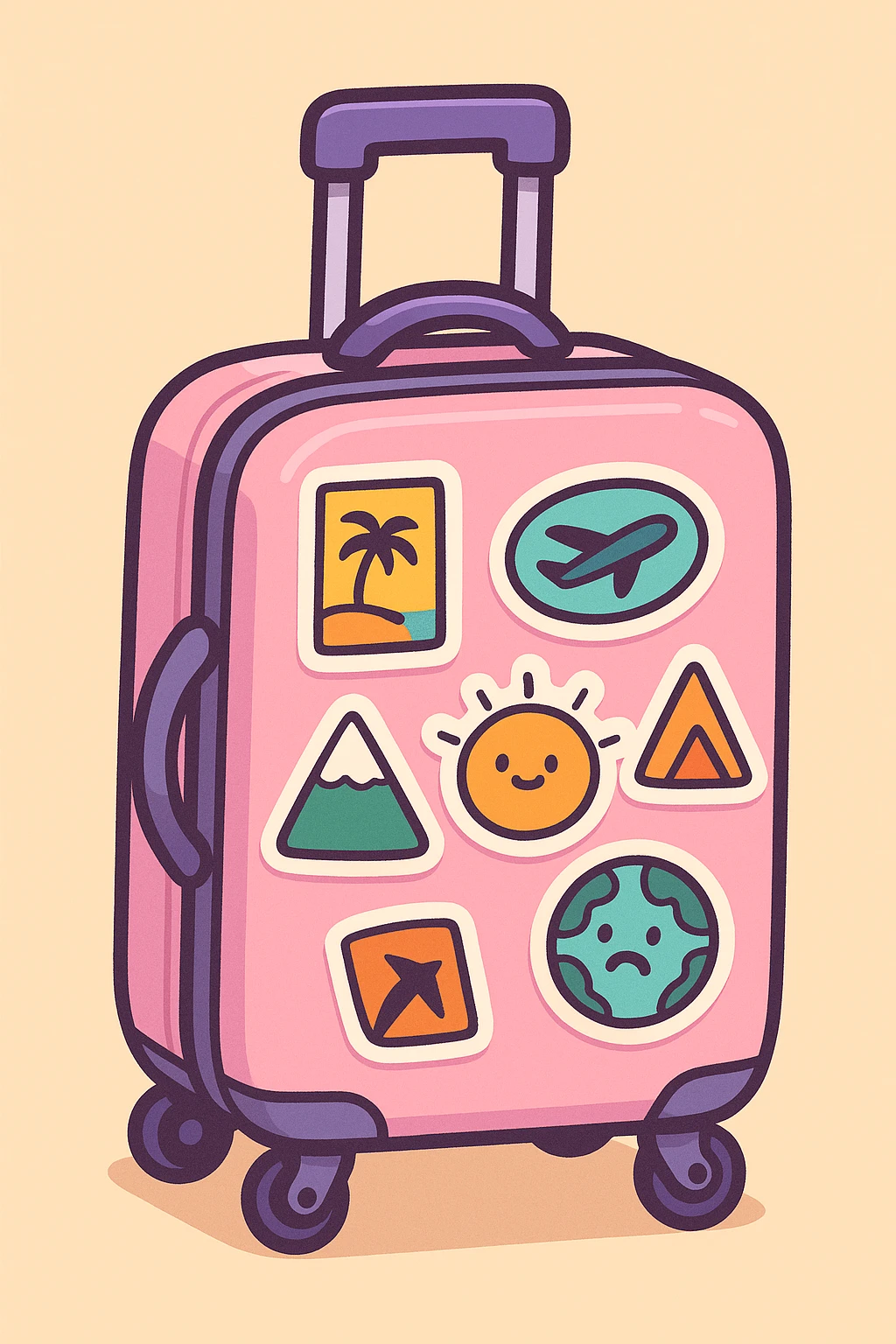 pink and purple rolling suitcase with unique travel stickers, thick line art, flat pastel colors, graphic shadows and highlights, white sticker outline, cute cartoon style, variation 4 emoji