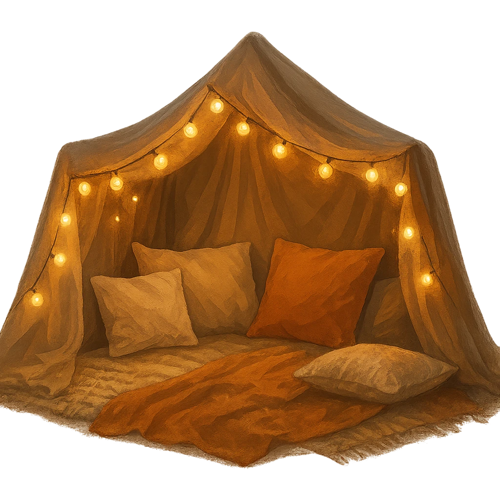 cozy blanket fort with string lights, inviting emoji