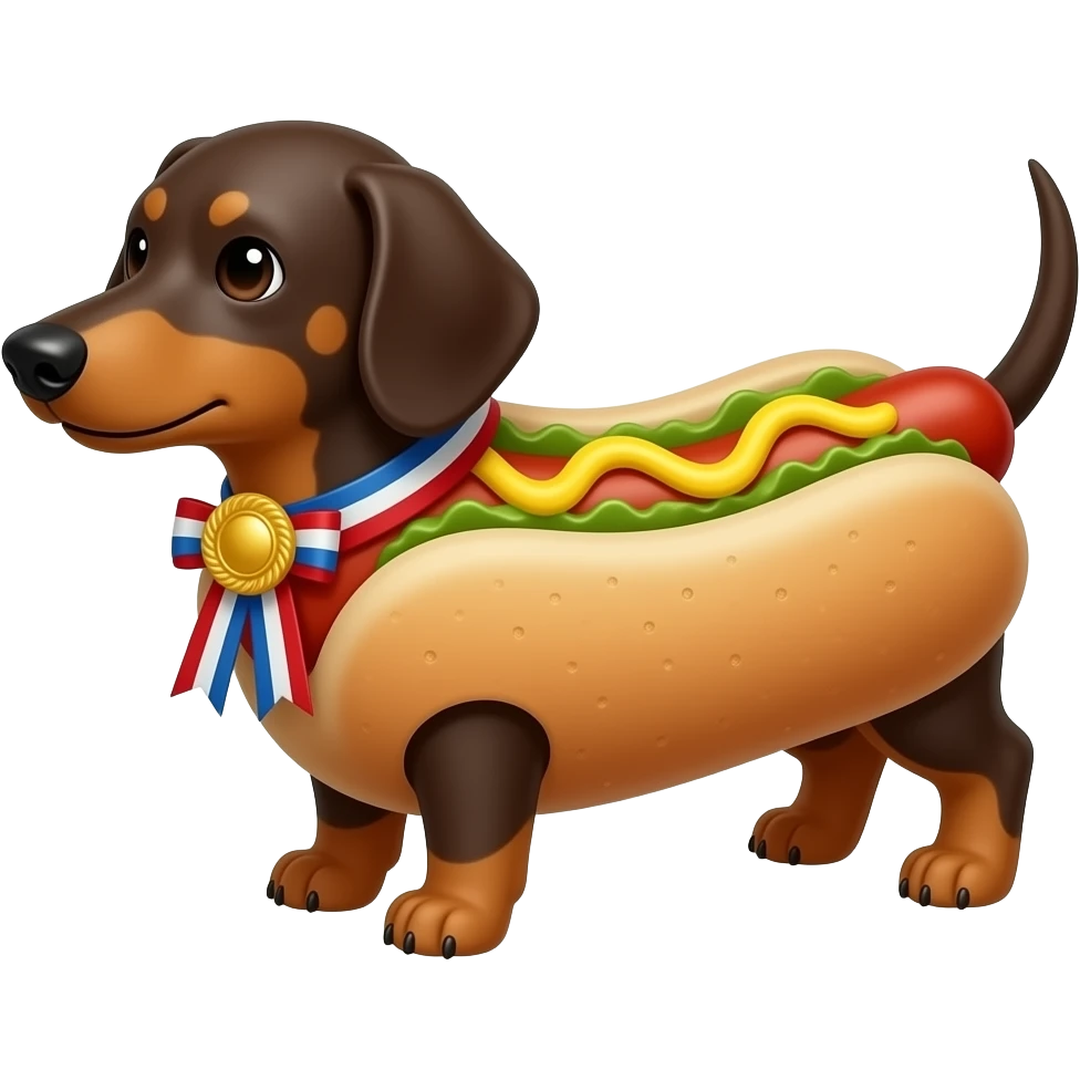 Weiner dog dressed as a hot dog celebrating first place win emoji