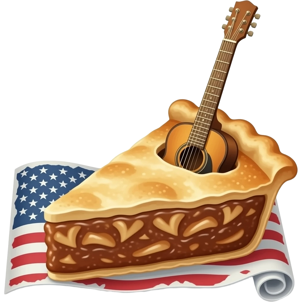 An old guitar peeks out from a piece of apple pie that is placed on a rolled-up old American flag. emoji