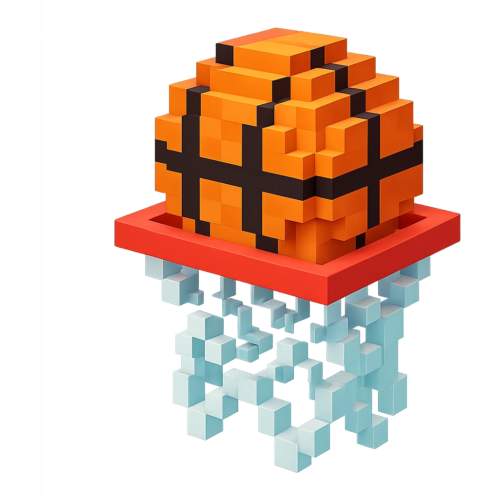 Voxel-style basketball in a net, no background, variation 6. emoji