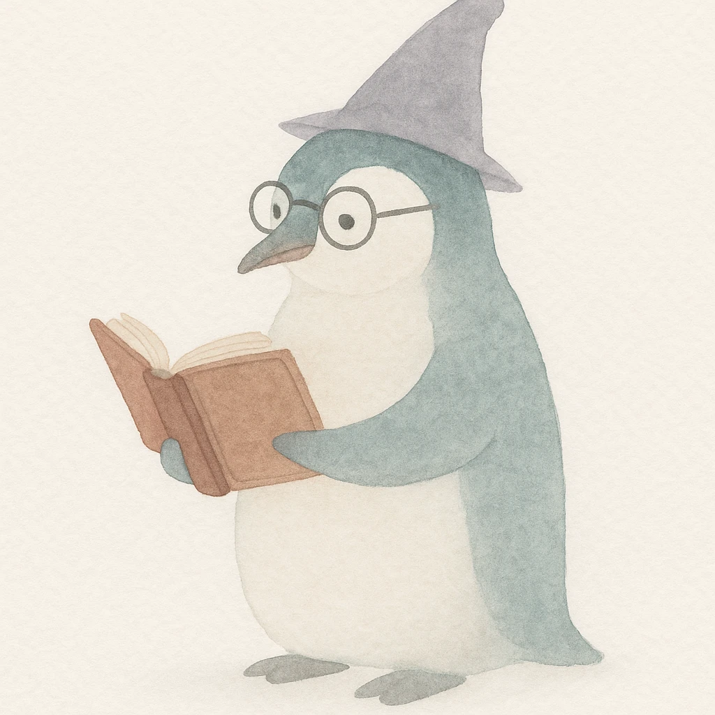a wise penguin wizard with glasses holding an ancient book, soft storybook illustration style emoji