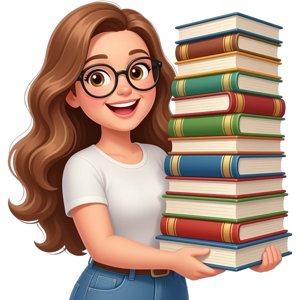 detailed emoji illustration of a curvy woman with long light brown wavy hair, light brown eyes and round glasses holding a huge stack of books, excited book lover expression, cute emoji style emoji