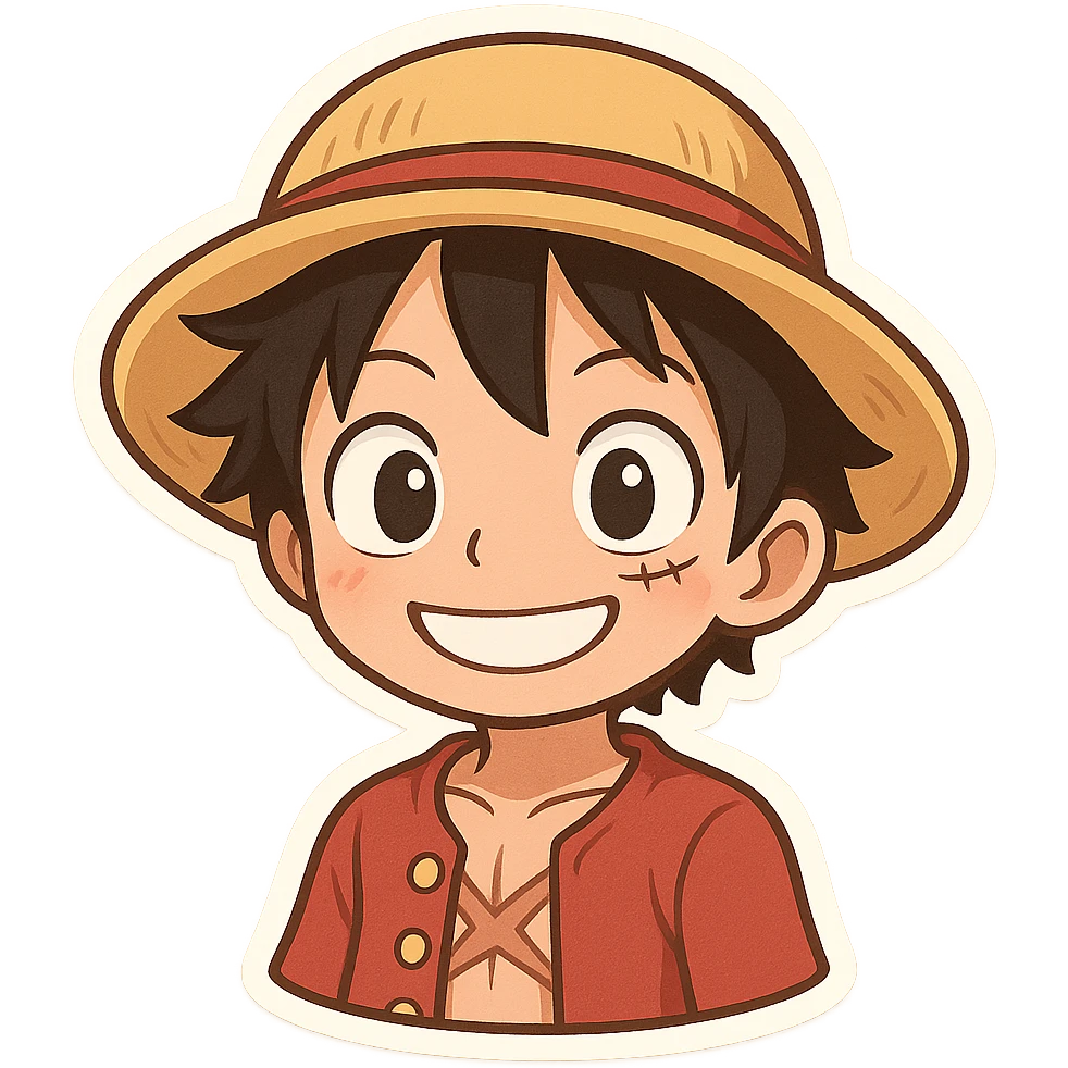 Monkey D. Luffy, chibi style, big eyes, straw hat, smiling emoji