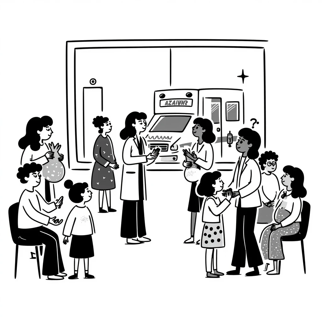 An NHS Doctor Surgery with nurses, children, pregnant women, vaccinations and a window with an ambulance outside emoji