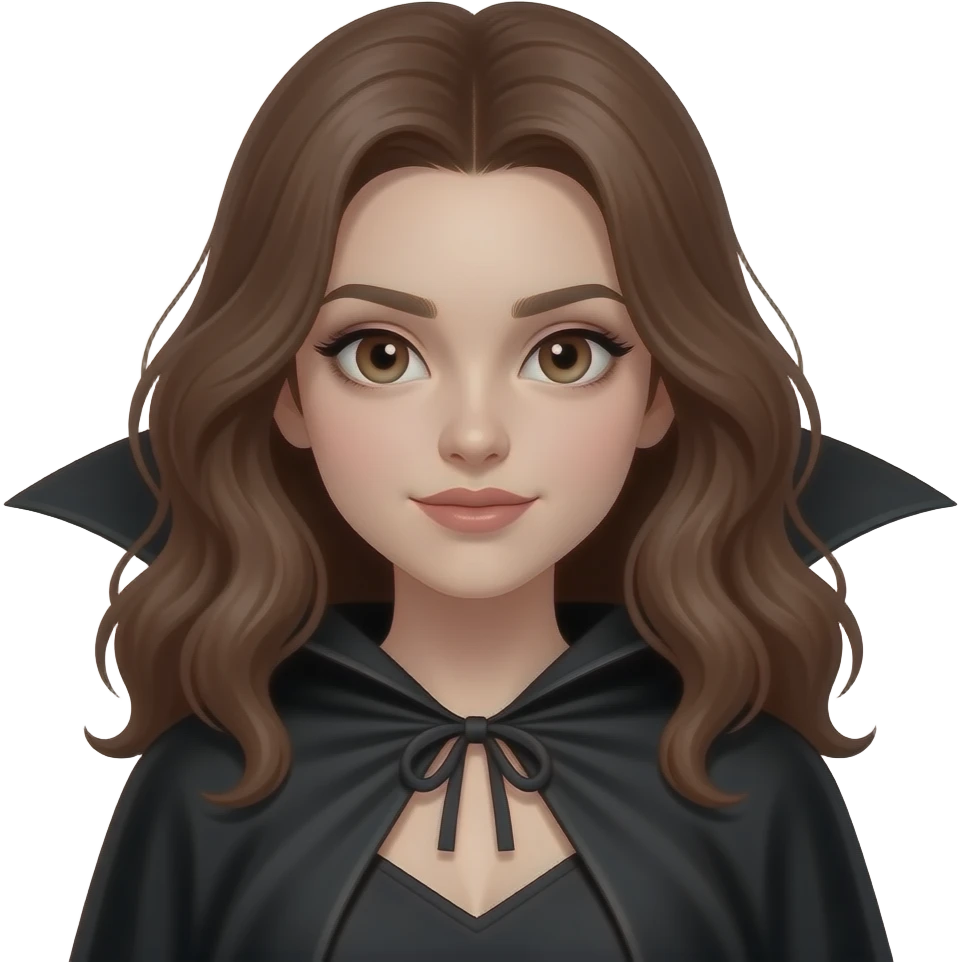 uma me menina vampira com cabelo marrom ondulado e fundo preto com uma capa atrás emoji