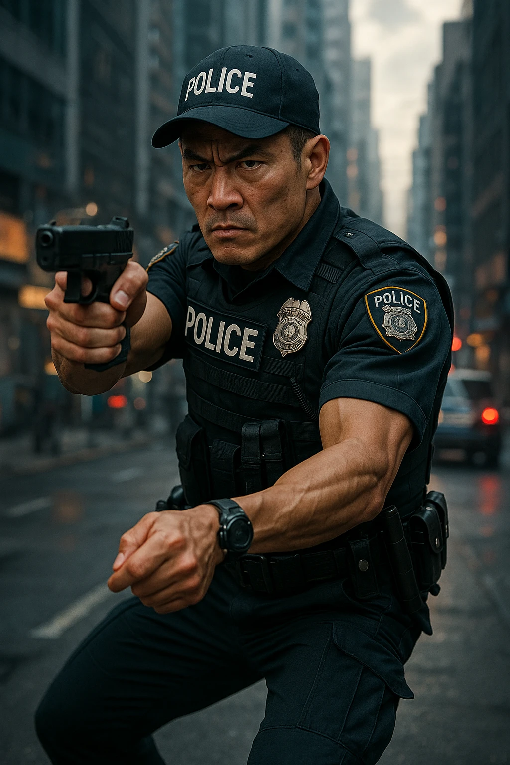 hardcore Asian police officer, tough expression, modern police uniform, action pose, detailed, dynamic, urban background, cinematic lighting emoji