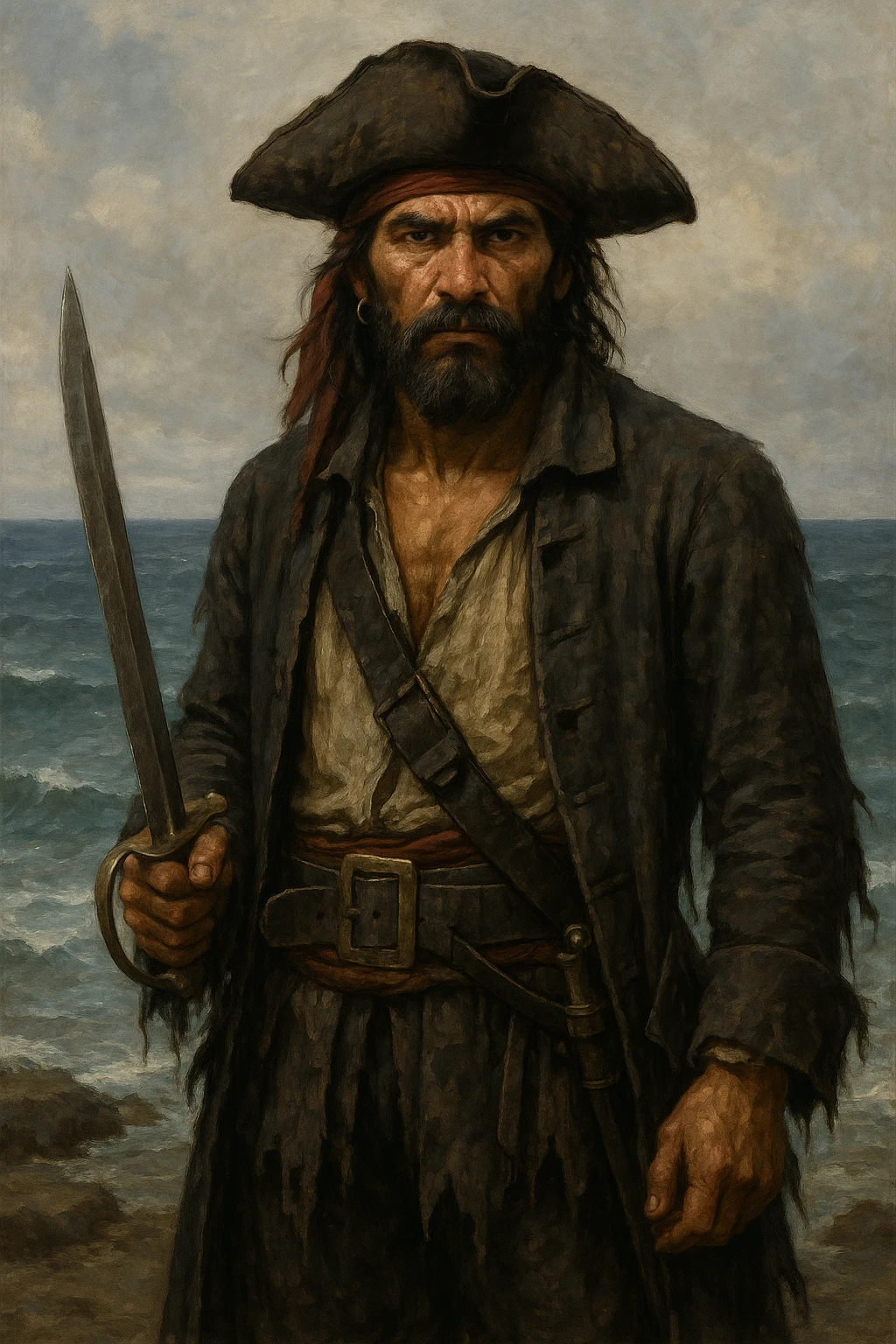 serious Caribbean pirate holding a sword, wearing tattered pirate clothes, background of the sea emoji