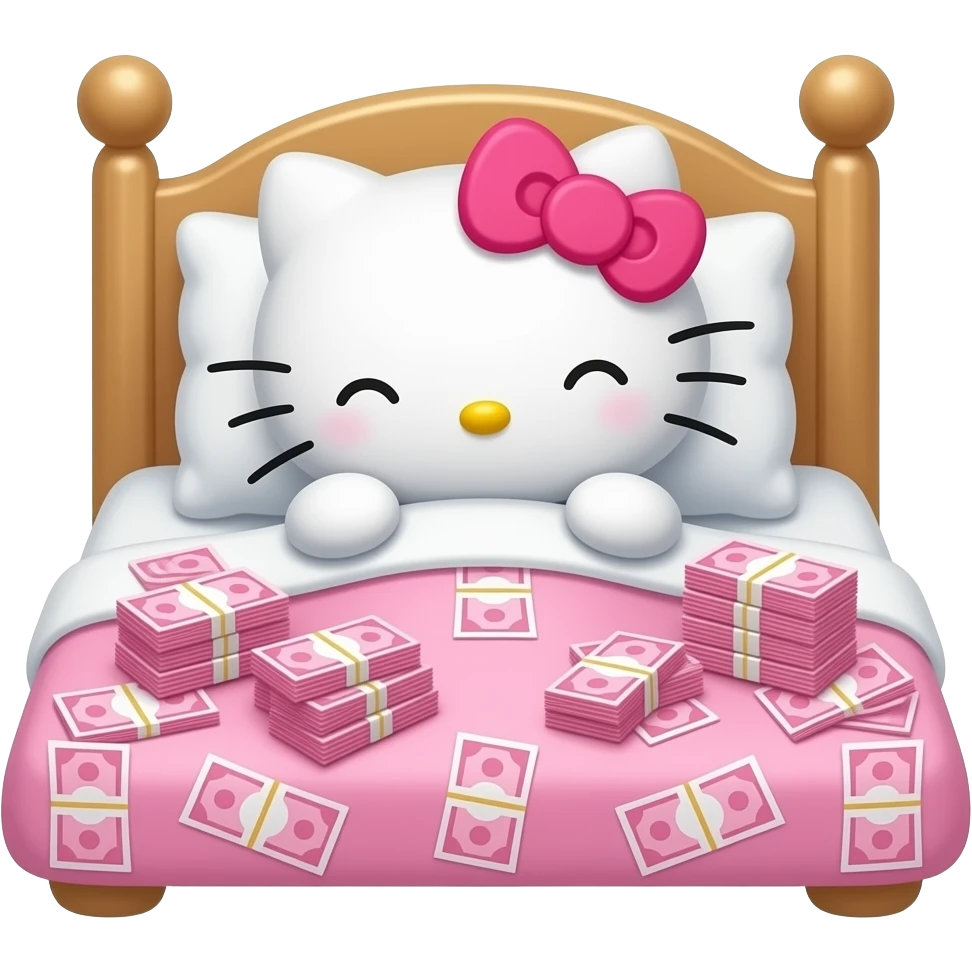 Hello kitty sleeping with pink stacks of cash on her bed emoji