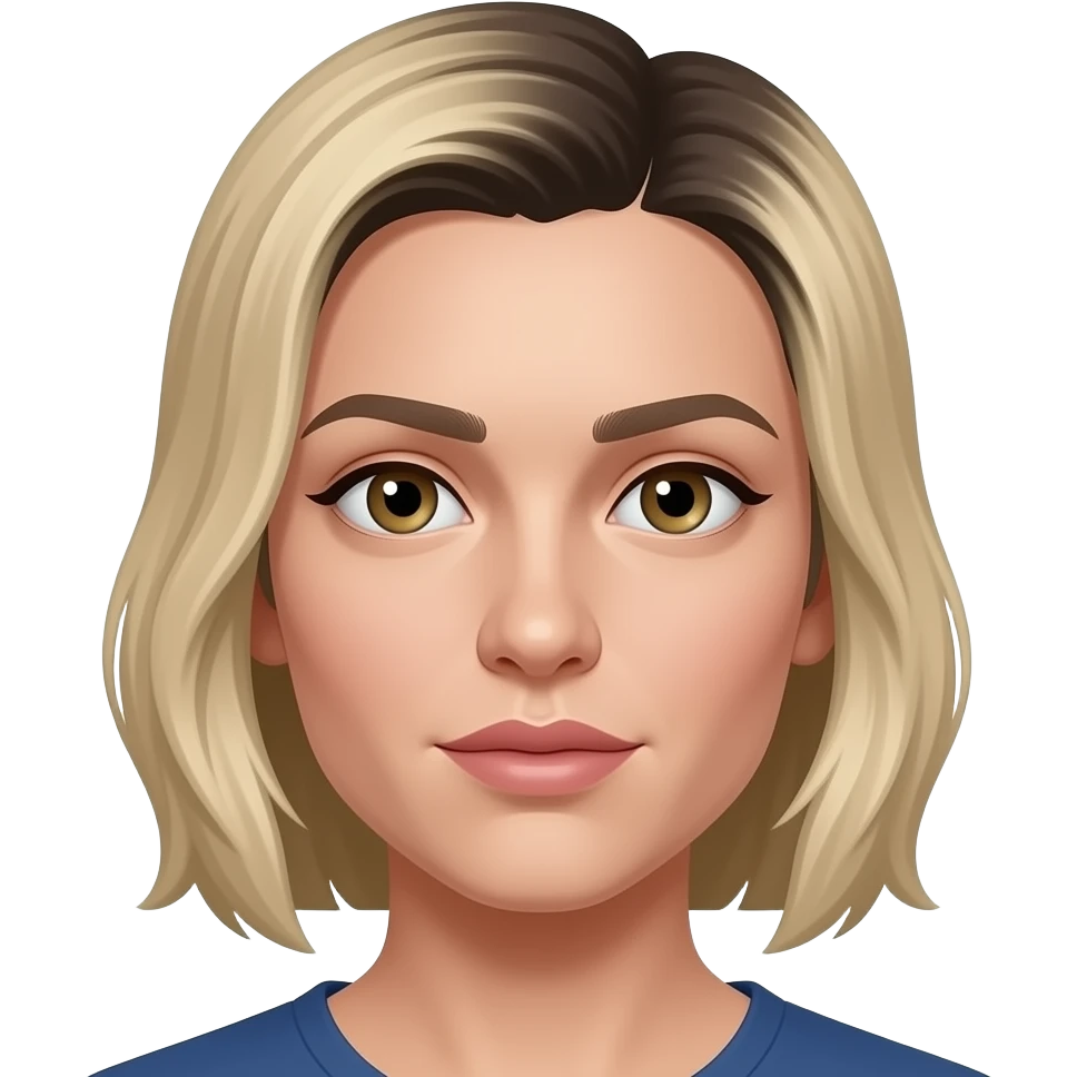 Serbian features, slim long nose, very thin lips , pale skin, dyed blonde with black roots anf smsll hazel eyes emoji