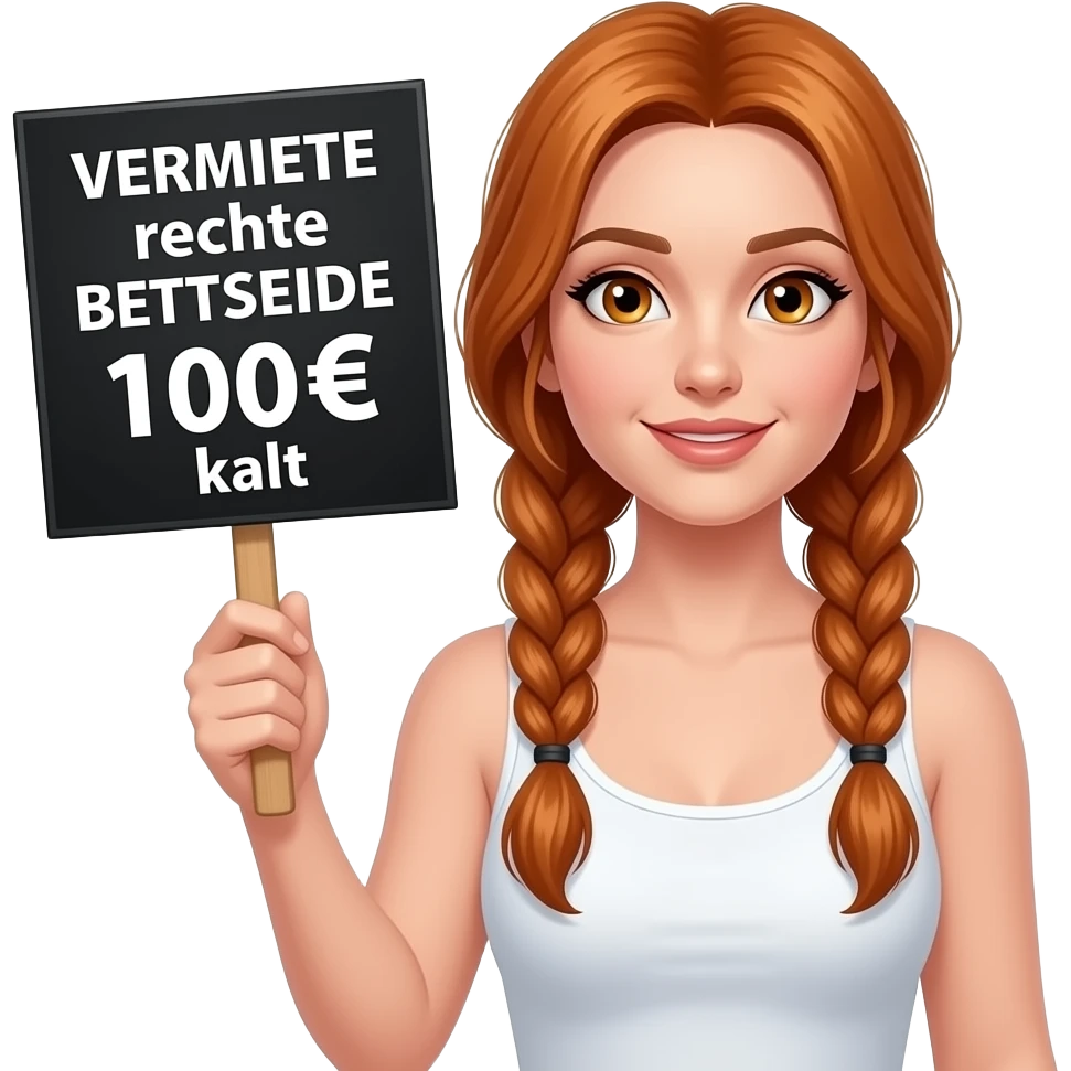 sexy girl with long ginger braids and ginger eyes wearing a white tanktop is holding a black sign with VERMIETE rechte BETTSEITE 100€ kalt written on it emoji