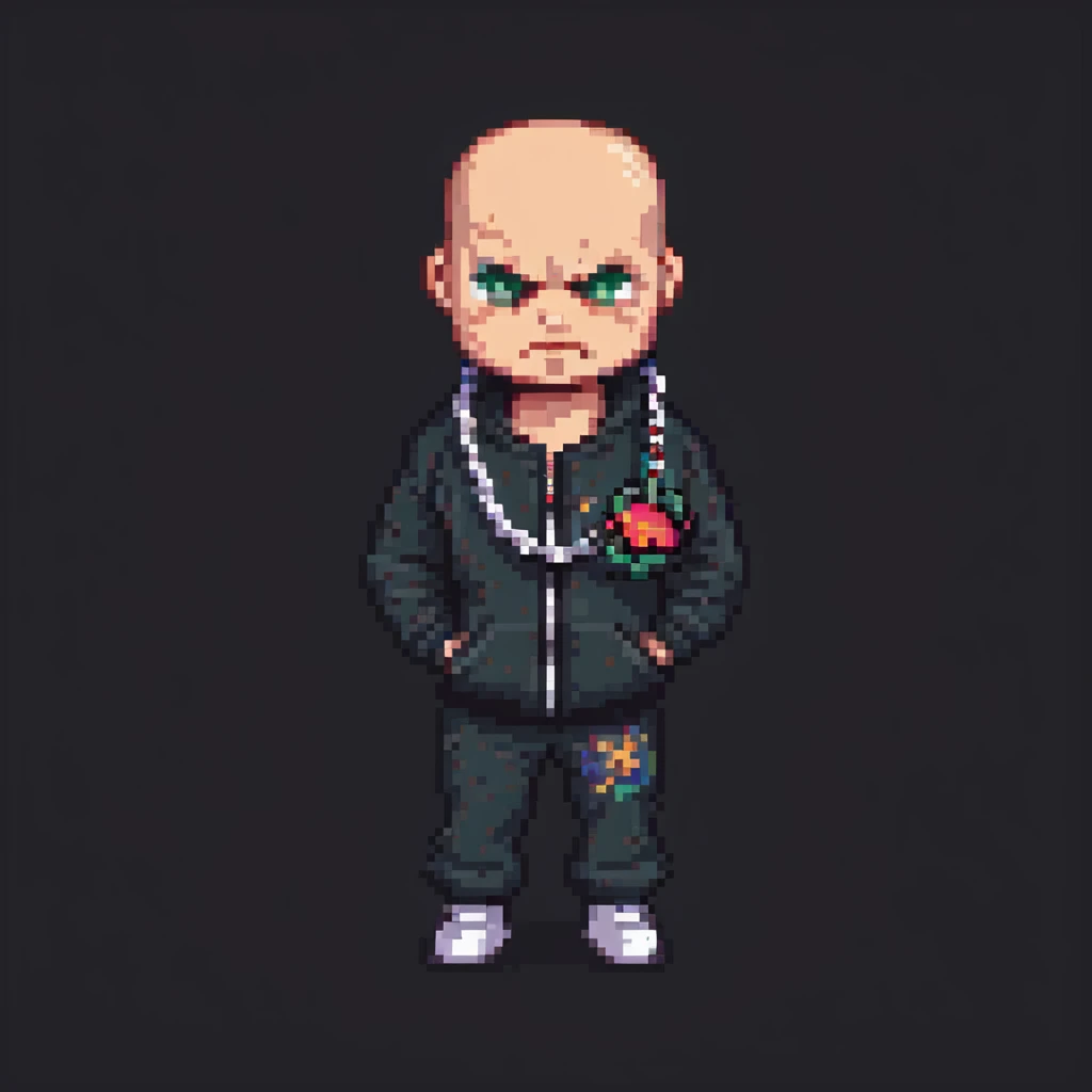 Pixel art thug in tracksuit, holding chain in Hand, bald head, angry expression, side view, retro arcade sprite
 emoji