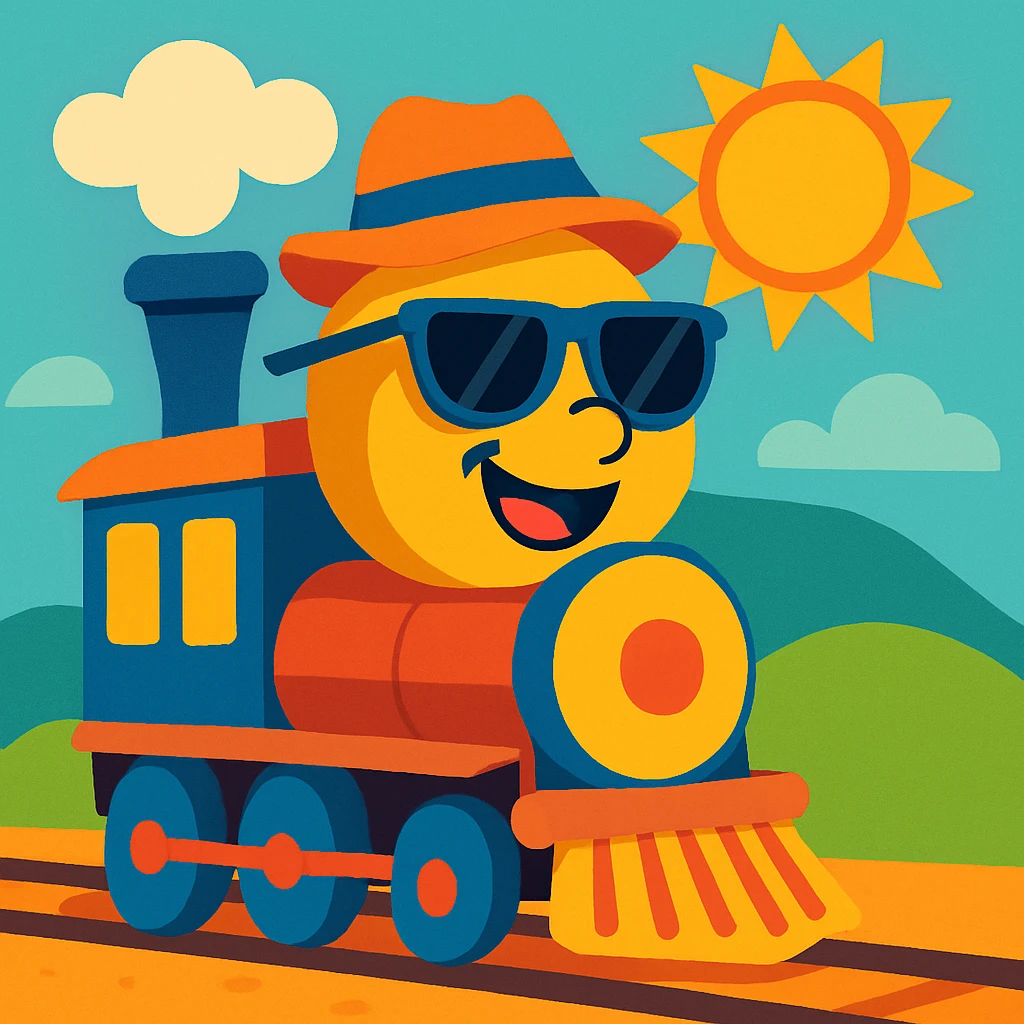 a train on vacation, wearing sunglasses and a hat, cheerful style, vibrant toon, playful and bright colors emoji