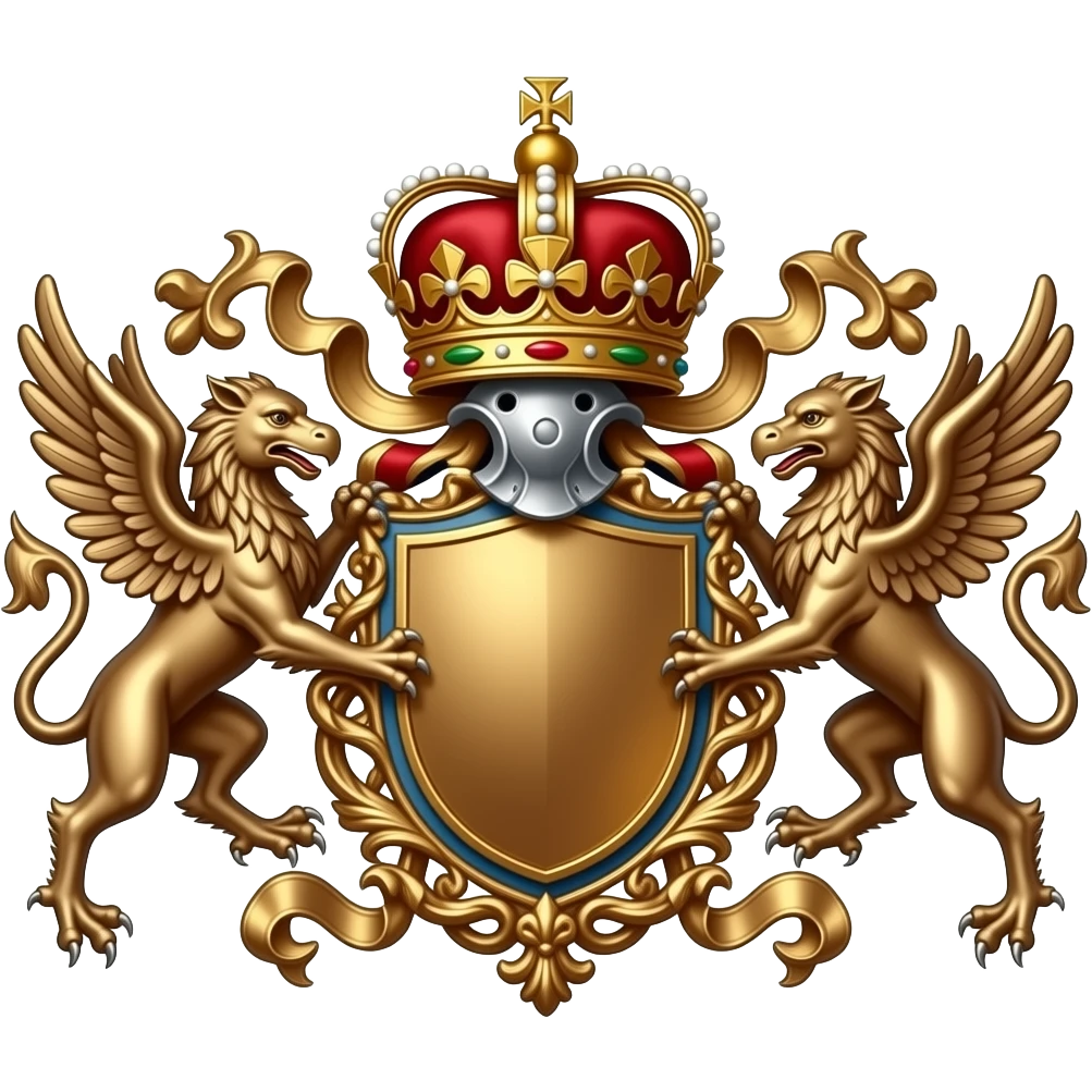 decorated bronze coat of arms with a bronze shield and bronze tendrils and ornaments, symmetrical with a royal ornate crown on top and two griffins hovering and supporting the shield, on a black background emoji