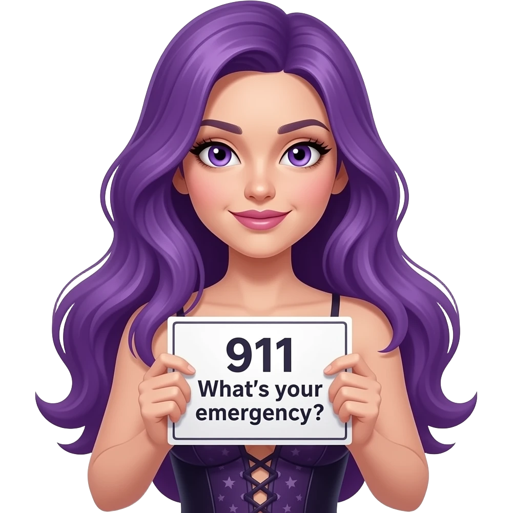 sexy girl with long purple hair and purple eyes wearing a sexy dress holding a 911 What's your emergency? sign emoji