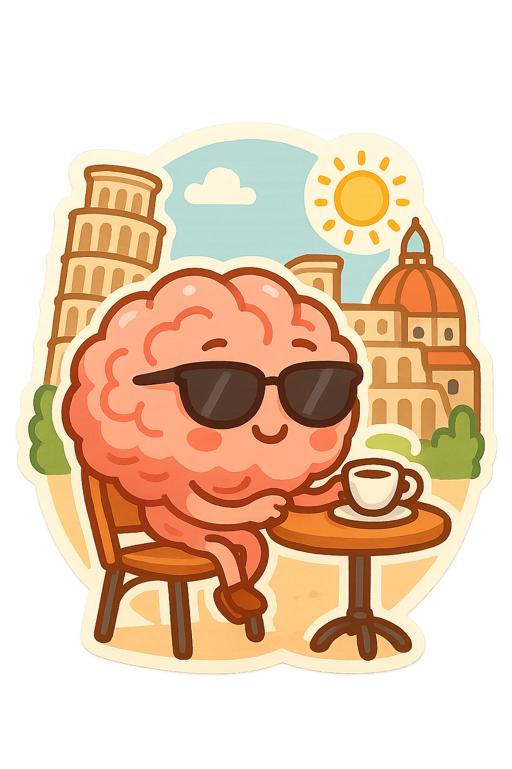 brain with sunglasses sipping espresso at a small café table surrounded by Italian landmarks like the Leaning Tower of Pisa, colorful lively style representing Italian brainrot emoji