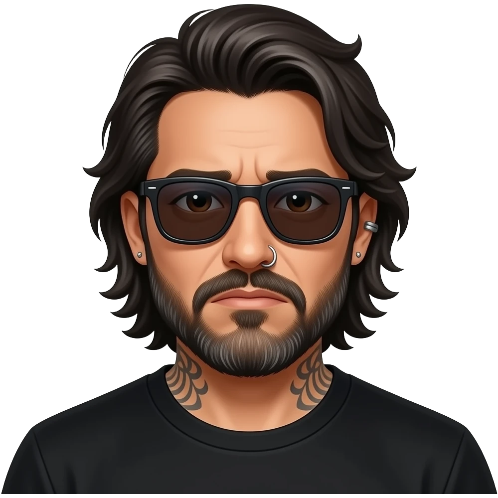 The handsome manly Latino podcast host with medium length hair, a long  slightly graying beard and tattoos with his ears pierced and a nose ring on the right side, dark brown eyes, wearing black, dark sunglasses, sad af emoji