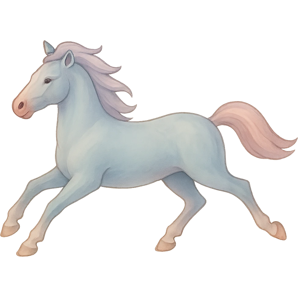 Edit the horse in Chinese eastern style with pastel palette #98B5BC, #B5B3C1, #C9A3C9, #E4C0CA, #F7DCD1, #F7C0AA. Use thin clean outlines, soft rounded shapes, detailed shadows and highlights, soft lighting, transparent background. Make it less cute and without decoration. First frame: original pose as in the reference image. emoji