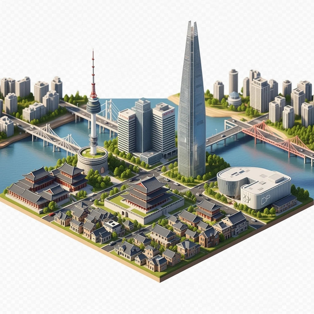 Isometric diorama of Seoul typical houses, Namsan Seoul Tower, Gyeongbokgung Palace, Lotte World Tower, Dongdaemun Design Plaza, and Han River bridges, 3D miniature effect and Tilt Shift effect, no cartoonish look, transparent background. emoji