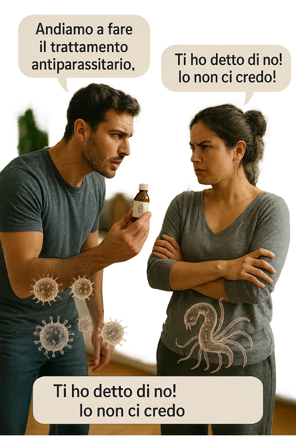 A highly realistic, cinematic photo of a young couple in their early 30s having an argument in a bright modern kitchen. The man, athletic build, wearing a casual T-shirt and jeans, is speaking firmly with a raised hand holding a small amber glass bottle labeled with a subtle herbal symbol, saying 'Andiamo a fare il trattamento antiparassitario' with a determined expression. The woman, with long dark hair tied in a messy bun, casual home outfit, crosses her arms with an angry, defensive expression, replying 'Ti ho detto di no! Io non ci credo!' while slightly turning away. Tension is visible in their body language, with the man leaning forward trying to explain and the woman leaning back, her eyebrows furrowed. Around them, subtle ghostly overlays of microscopic parasites are faintly visible near their abdominal areas, symbolizing the hidden reason for the argument. The kitchen is bright and modern with plants and natural light, contrasting the emotional tension. The style is hyperrealistic with warm tones and shallow depth of field focusing on their facial expressions, illustrating the conflict between belief in natural treatments and skepticism within the couple regarding hidden parasitic infections. in italiano emoji