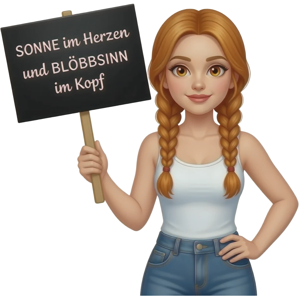 sexy girl with long ginger braids and ginger eyes wearing a white tanktop is holding a black sign with SONNE im Herzen und BLÖDSINN im Kopf written on it emoji