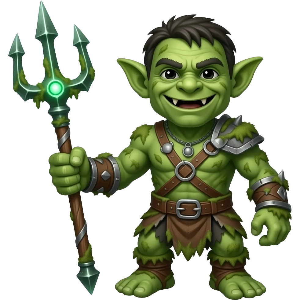 “a full-body green troll holding a trident character smiling with its mouth but emotionless eyes” emoji