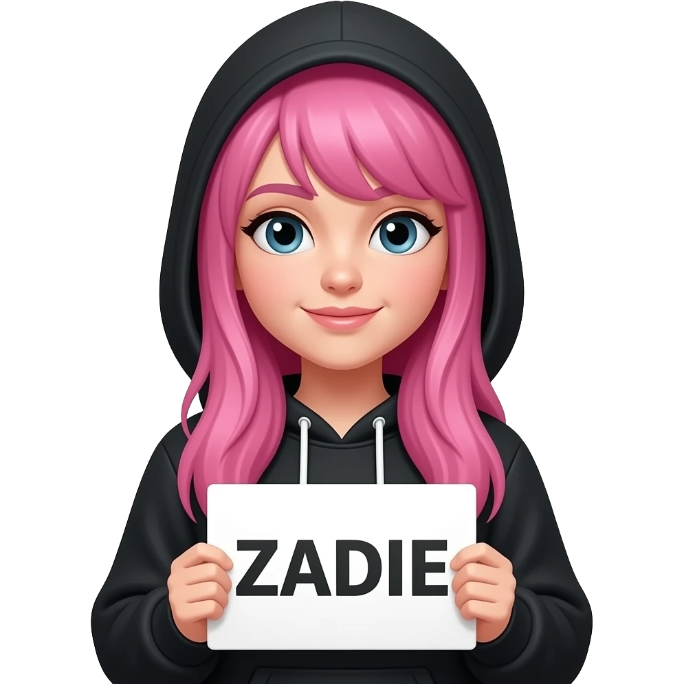 sexy girl with long pink wearing a black hoodie with the hood atop her headhair holding a ZADIE sign emoji