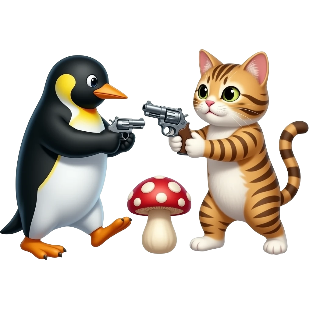 Penguen ile kedi mantar tabanca ile savaşıyor emoji