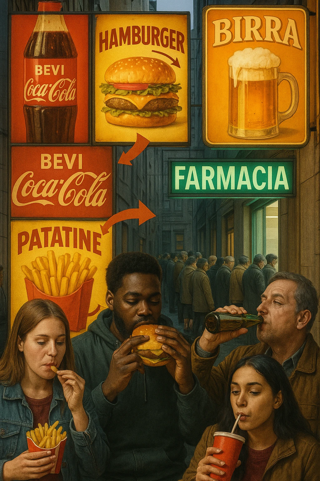 Realistic, vertical scene: a city street filled with bright, enticing advertisements for junk food and alcohol. In the foreground, people indulge in unhealthy foods and drinks, while in the background, a large pharmacy sign glows, and a line of people waits to buy medicine. Subtle arrows or visual cues connect the unhealthy choices to the need for medication, highlighting the cycle. in italiano emoji