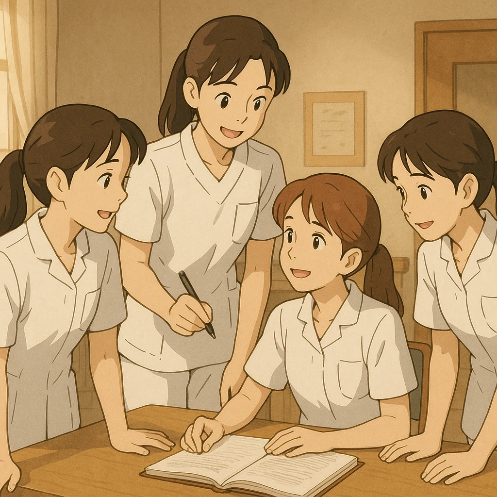Four nursing students collaborating and interacting indoors, wearing white short-sleeve uniforms with V-neck tunic tops and left chest pockets, bare forearms, long hair tied back, no collar stand or stethoscopes, faces inspired by provided references, Ghibli style emoji