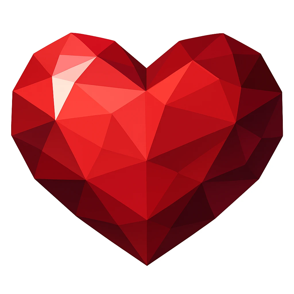 Transform this heart into a ruby in vector illustration style: no outlines, clear geometric facets, rich red color, contrasting light and shadow areas, volume effect. emoji